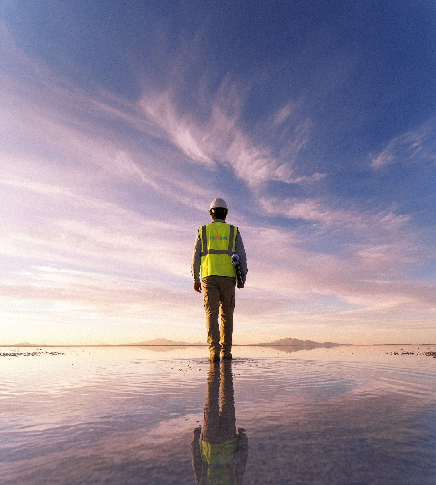 GLOBAL engineer in a hard hat and hi-vis vest looking across a mirrored salt flat at dusk