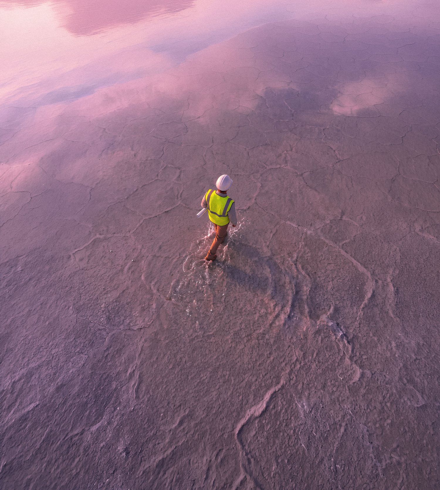 Engineer in a hi-vis vest walking across a pink salt flat seen from above